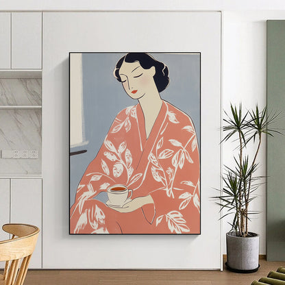 Contemporary abstract artwork features a woman in a pink kimono holding tea adorned with a white flower pattern inspired by Matisse's vibrant style. DLZ1597