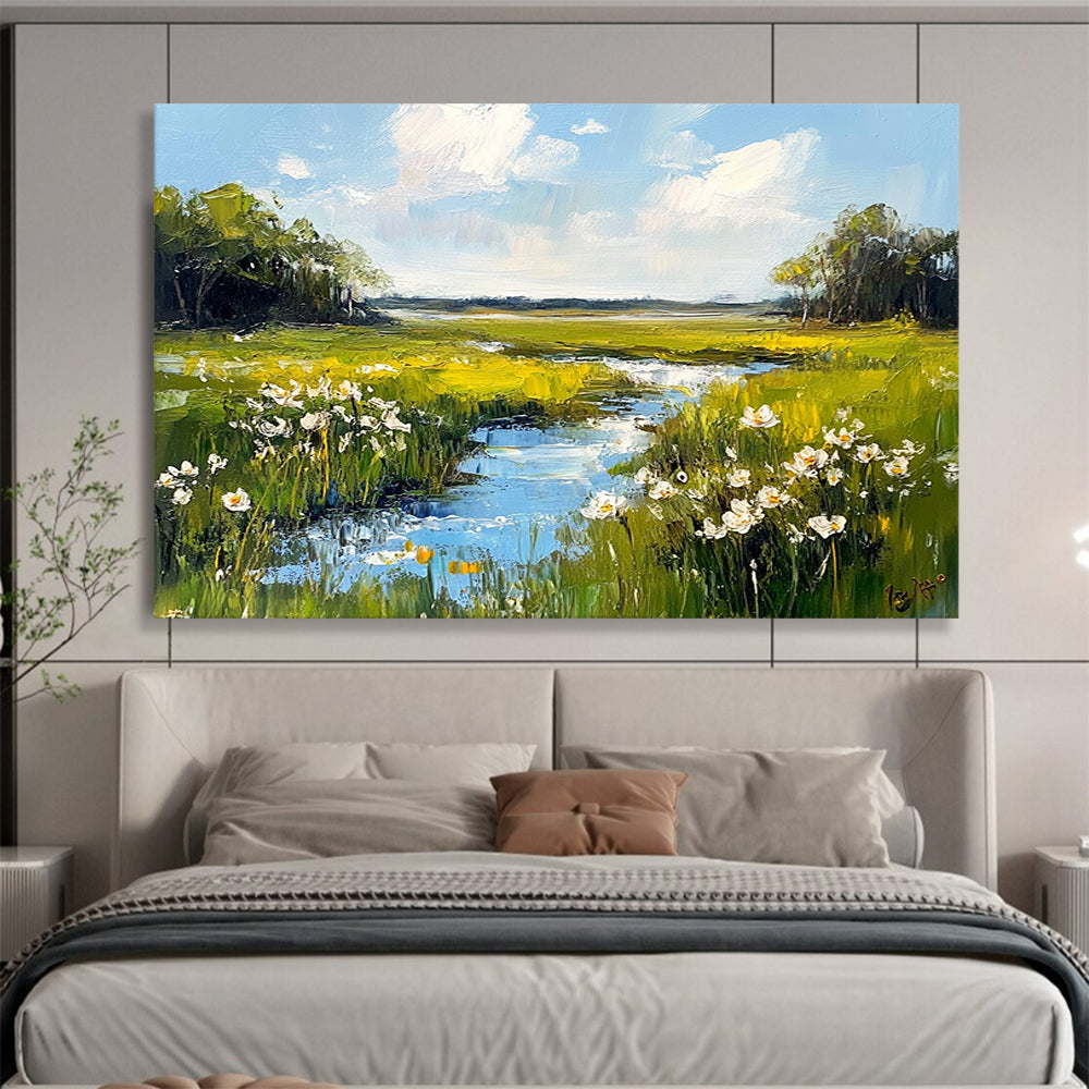 Green Meadow with Stream and White Flowers - Impressionistic Landscape Painting On Canvas HB0446