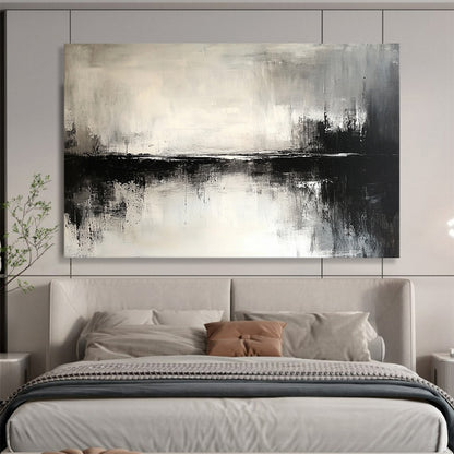 “Abstract Black - White Water Reflection” - Black, White, Reflective Textures Painting On Canvas HB0798