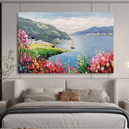Lakeside Village with Sailboat - Romantic Living Room or Bedroom Art DLZ209