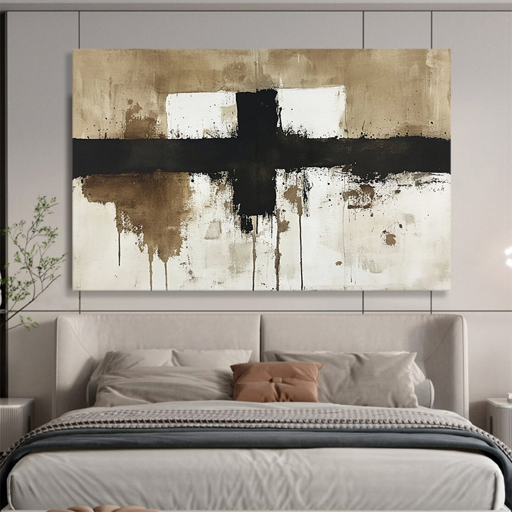 “Minimalist Cross in Earth Tones” - Black, Brown, White, Simplified Cross with Dripping Effects - Abstract Ink - style Painting HB1767