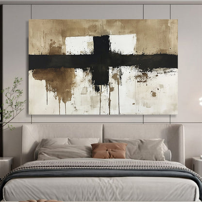 “Minimalist Cross in Earth Tones” - Black, Brown, White, Simplified Cross with Dripping Effects - Abstract Ink - style Painting HB1767