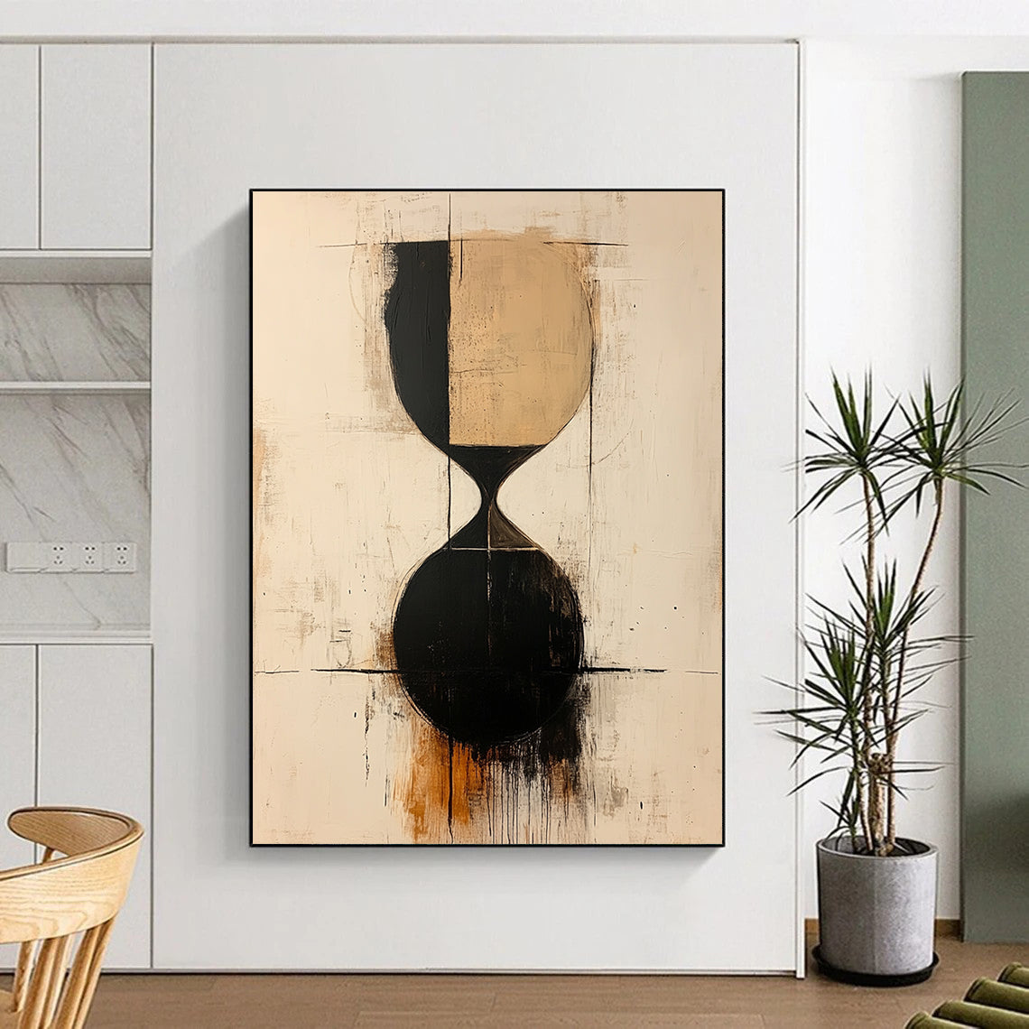Contemporary abstract painting showcasing an hourglass in beige and black shapes with thin lines on a textured white background. DLZ1317
