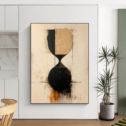 Contemporary abstract painting showcasing an hourglass in beige and black shapes with thin lines on a textured white background. DLZ1317