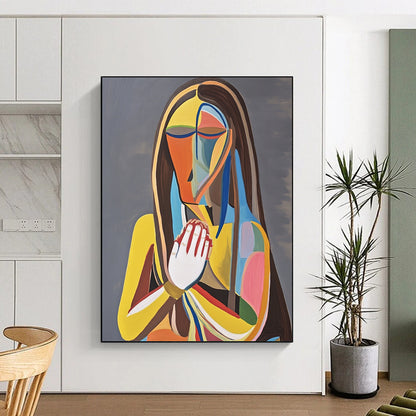 Contemporary abstract painting featuring a woman on a throne holding her chest in pain against a gray background with vibrant colors and bold lines. DLZ1381