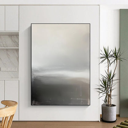 Contemporary hand-painted abstract art featuring a grey sky, foggy horizon, and a subtle grey and white palette that evokes tranquility and calmness. DLZ1347