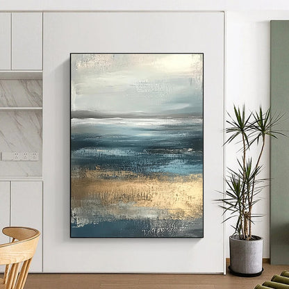 Contemporary hand-painted abstract artwork featuring soft edges in neutral colors with calming blue and gray tones of the sea and sky. DLZ0789