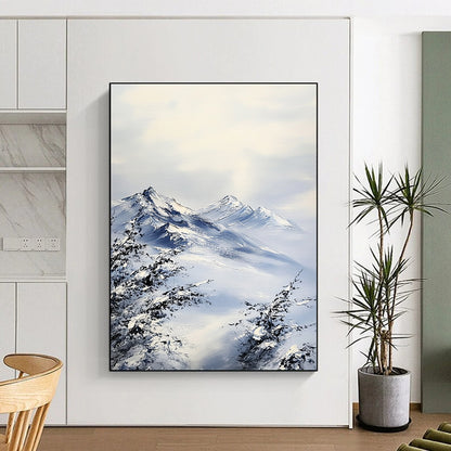 Contemporary hand-painted abstract artwork featuring textured snow-capped mountains in gray and blue tones with an impressionist style and visible brushstrokes. DLZ1683