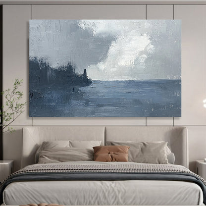 “Coastal Mist” - Muted grays, whites, deep blues; Stormy sky, sea, dark coastline; Atmospheric Seascape Painting On Canvas HB1148