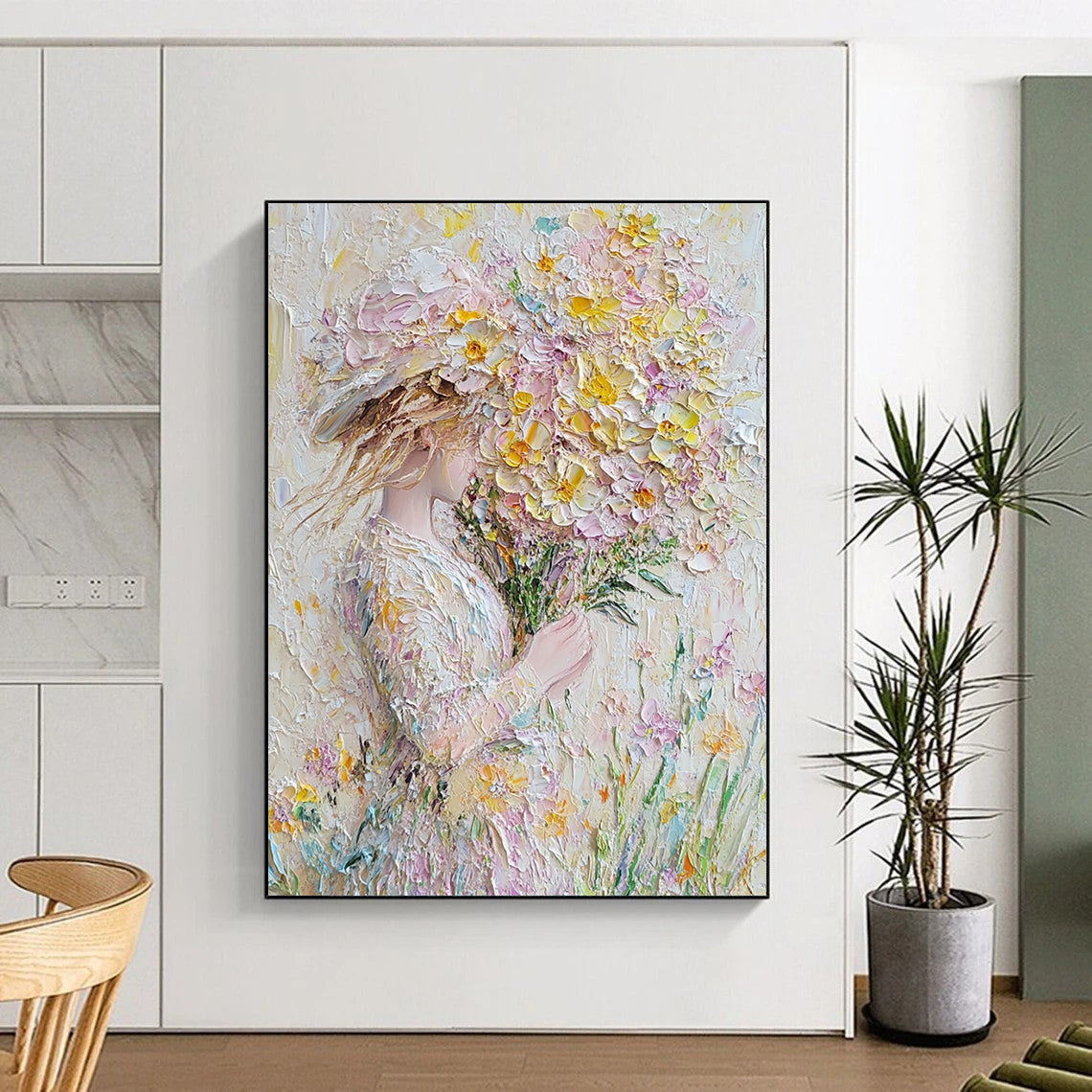 Contemporary abstract art featuring impasto technique vibrant spring flowers in pastel hues perfect for enhancing wall decor. DLZ1666