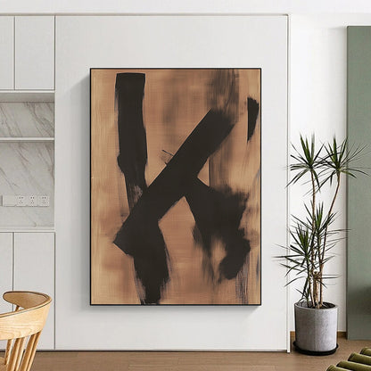 Contemporary hand-painted abstract artwork featuring two black shapes on a dreamy bronze background evoking a sense of melancholy. DLZ1423