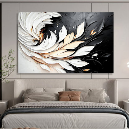 “3D White - Gold Feather Swirl on Black” - White, Gold, 3D Feather Shapes Painting On Canvas HB0796