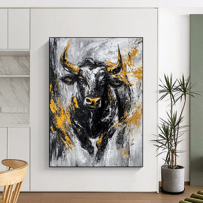 Bold contemporary abstract painting featuring an aggressive bull in textured black and gold against a striking grey background. DLZ0885