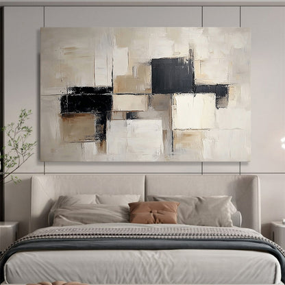 “Neutral Geometric Blocks” - Beige, Black, White, Abstract Cubes Painting On Canvas HB1054