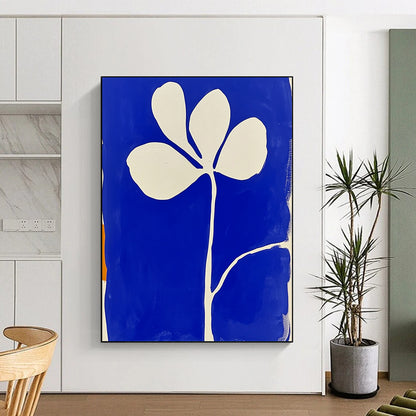 Large contemporary abstract painting featuring blue and white minimalist flower shapes in the style of Matisse with block print aesthetics. DLZ1154