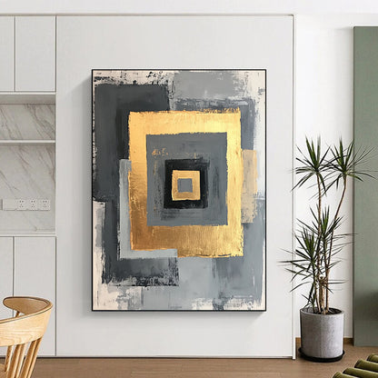 Gray, Black, Gold and White Geometric Squares "Nested Squares" Painting On Canvas HB347