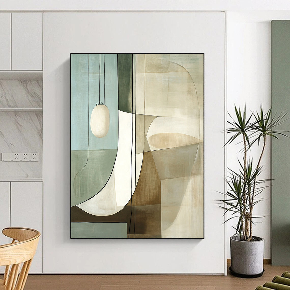 Contemporary large hand-painted abstract art featuring white and beige shapes with glass, reflections, and muted colors inspired by Robert Motherwell. DLZ1602