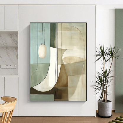 Contemporary large hand-painted abstract art featuring white and beige shapes with glass, reflections, and muted colors inspired by Robert Motherwell. DLZ1602