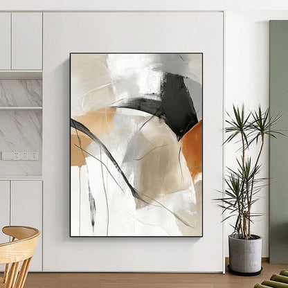 Contemporary hand-painted abstract art featuring beige and white tones with black lines beautiful curves and intertwined gray shades large blank spaces for customization. DLZ0292