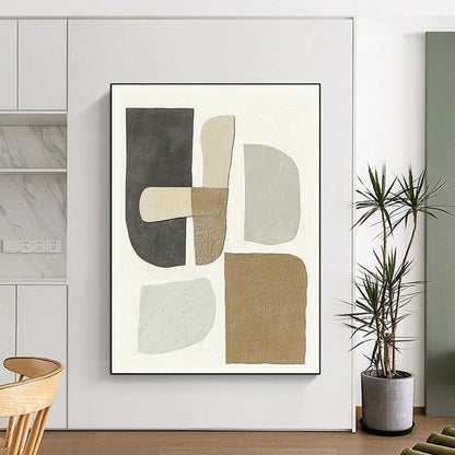 Contemporary hand-painted abstract artwork featuring minimalist shapes in soft gray beige and brown tones on a white background highlights unique textured forms. DLZ1344