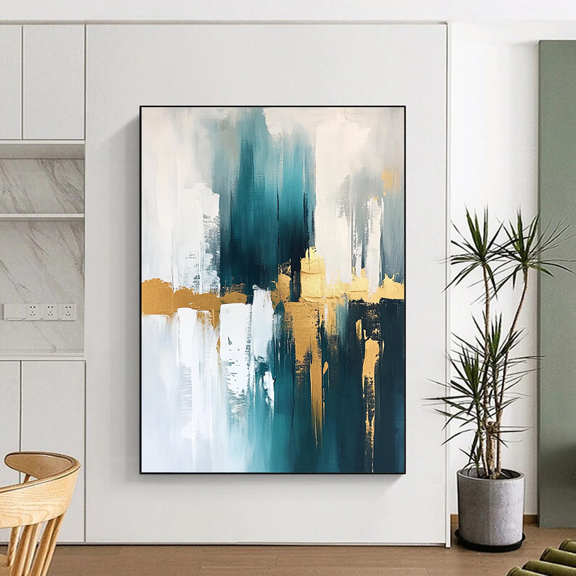 Contemporary abstract artwork featuring gold, teal, and white hues, creating a striking visual impact for modern spaces. DLZ0745