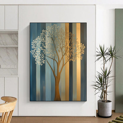 Contemporary hand-painted abstract artwork features an elegant tree in soft gold and silver tones against muted teal and geometric blue-gray stripes. DLZ1403