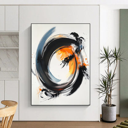 Black, Gray, Orange Swirling Rings - “Energetic Ring Dance” Painting On Canvas HB182