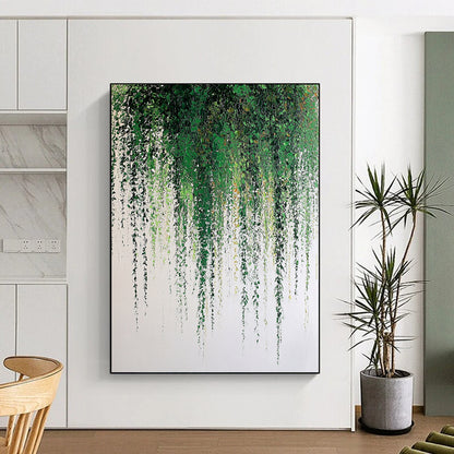 Large contemporary hand-painted abstract artwork featuring a weeping willow with green leaves and soft textures against a white background. DLZ1707