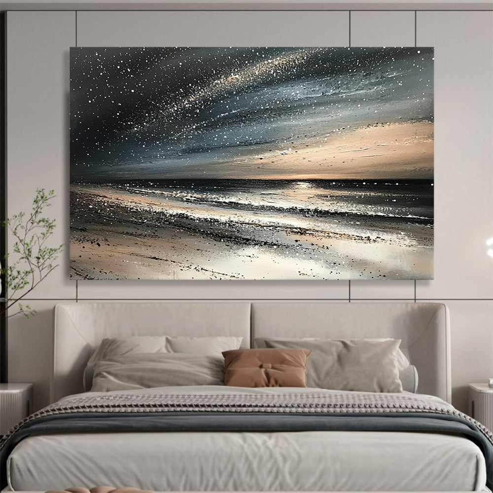 “Starry Night Beach” - Blacks, Whites, Grays, Beiges, Beach Under a Starry Sky - Impasto Oil Painting HB1741