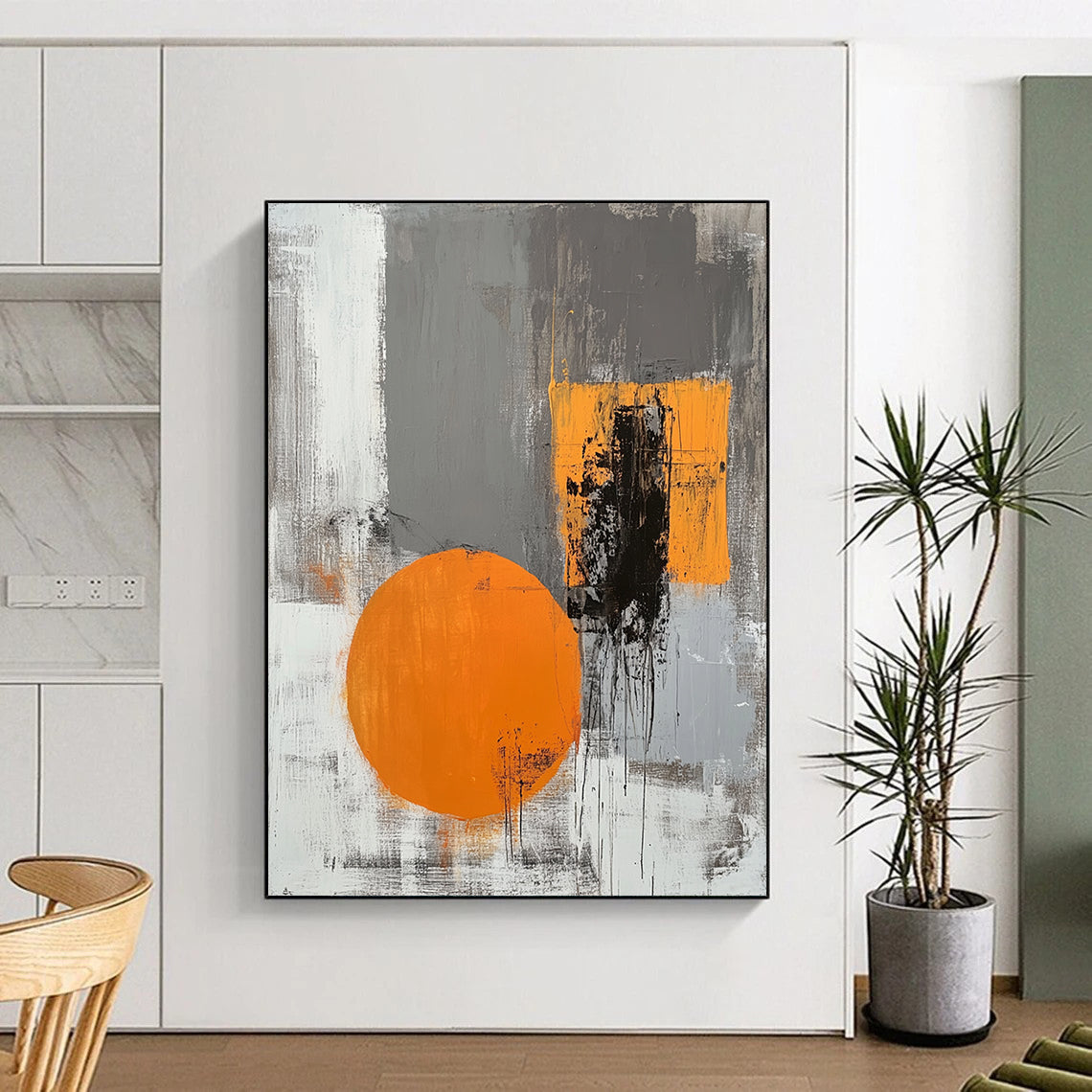 Gray, Black, Orange and White Minimalist Abstraction "Subtle Energy" Painting On Canvas HB337