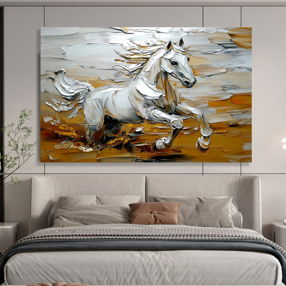 “Galloping White Horse” - Whites, Golds, Browns, Running Horse - Palette Knife Oil Painting HB1570
