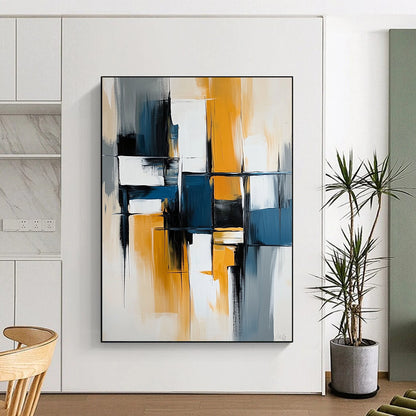 Contemporary hand-painted abstract artwork with bold lines and vibrant blocks of blue, white, gray, and yellow on canvas. DLZ0753