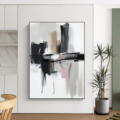 Contemporary abstract painting featuring thick brushstrokes in black and gray against a white backdrop showcasing dynamic shapes and textures. DLZ0772