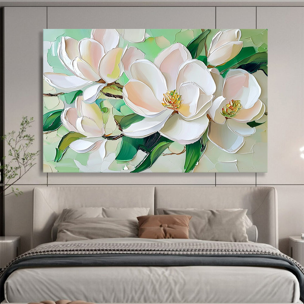 “Pastel Magnolias on Green” - White, Pink, Green, Pastel - colored magnolias on green - Impasto Oil Painting HB1788