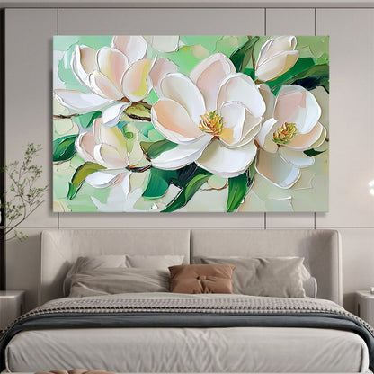 “Pastel Magnolias on Green” - White, Pink, Green, Pastel - colored magnolias on green - Impasto Oil Painting HB1788