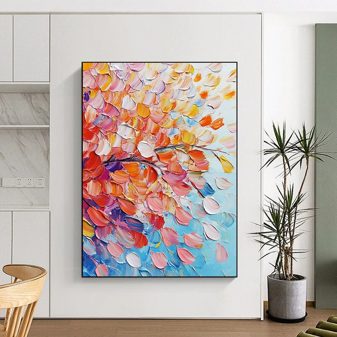 Contemporary abstract painting featuring vibrant pink and orange flowers with colorful leaves on a soft sky-blue background, rich in texture and movement. DLZ0620