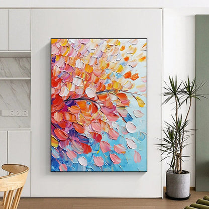 Contemporary abstract painting featuring vibrant pink and orange flowers with colorful leaves on a soft sky-blue background, rich in texture and movement. DLZ0620