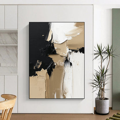 Contemporary hand-painted abstract artwork featuring a striking blend of black, white, and beige textures perfect for enhancing wall aesthetics. DLZ0321