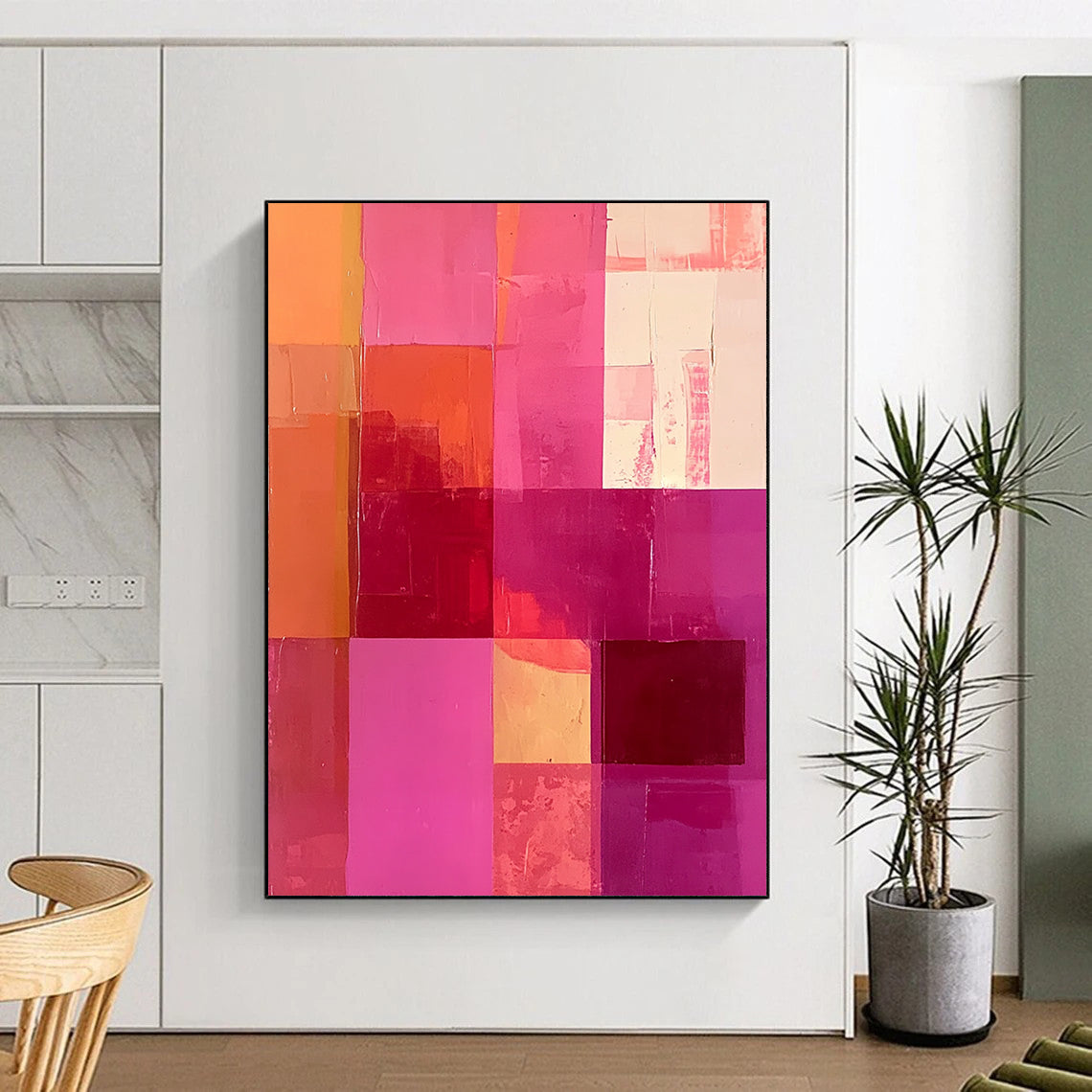 Large contemporary hand-painted abstract artwork featuring a vibrant hot pink and peach color scheme with bold squares and rectangles. DLZ1327