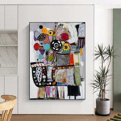 Contemporary abstract painting featuring collage-style car engine crafted from diverse materials in a vibrant palette of colors including black white red and blue. DLZ0953