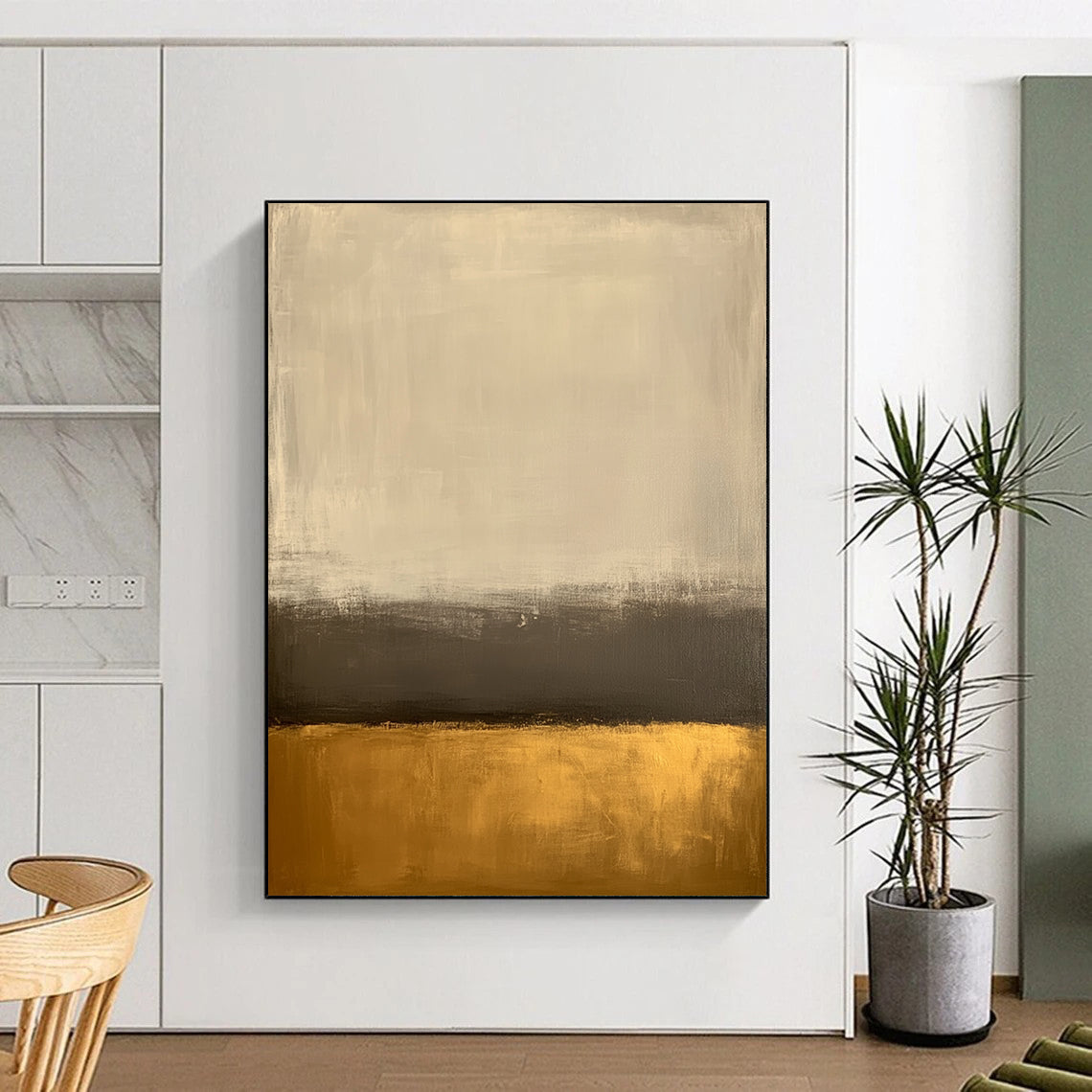 Large contemporary abstract painting featuring an off-white background and gold bottom with minimalist earth tones and low contrast for a serene aesthetic. DLZ1013