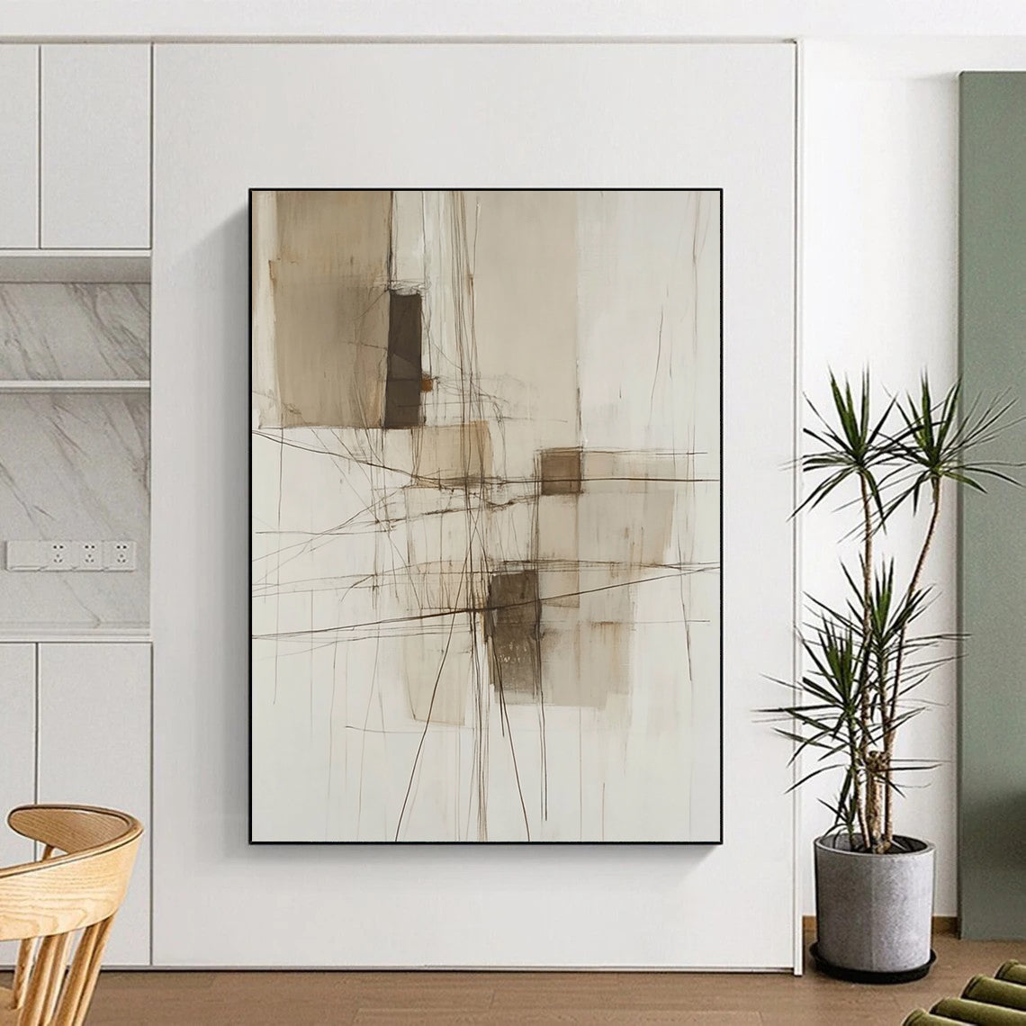 Contemporary abstract painting features neutral tones and soft lines with a wire structure and textures, enhancing its modern aesthetic. DLZ1047