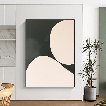Contemporary abstract painting featuring white circles on a black background in a minimalist style inspired by Tarsila do Amaral. DLZ1753