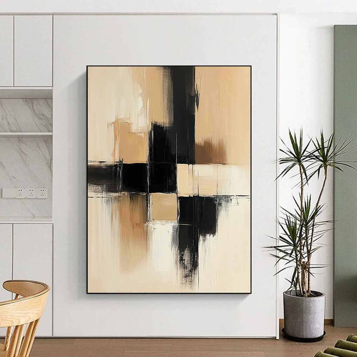 Contemporary hand-painted abstract art featuring thick brush strokes in a beige and black palette with large geometric shapes on a neutral canvas texture. DLZ0549