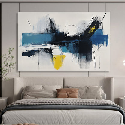 “Dynamic Blue - Black Strokes” - Blue, Black, Yellow, Expressive Brushstrokes - Abstract Expressionist Acrylic Painting HB1519