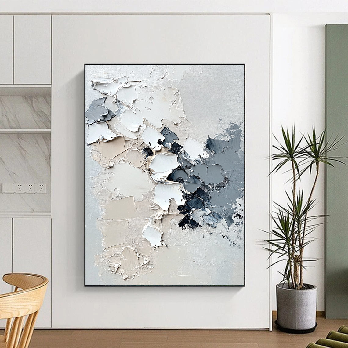 Contemporary hand-painted abstract artwork featuring melting snowflakes, impasto texture, and a serene white background in neutral tones. DLZ0629