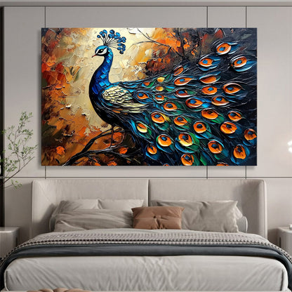 “Blue Gold Orange Peacock Relief” - Blue, gold, orange, green; Textured peacock portrait HB1294