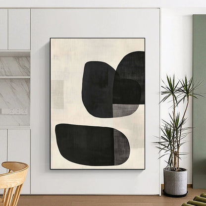 Large contemporary hand-painted abstract artwork features minimalist black and white design with curved oval shapes and textured background in soft tones. DLZ1338