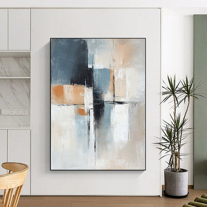 Large contemporary hand-painted abstract artwork in blue beige and grey with black lines soft white shapes and an orange accent in a minimalist style. DLZ1044