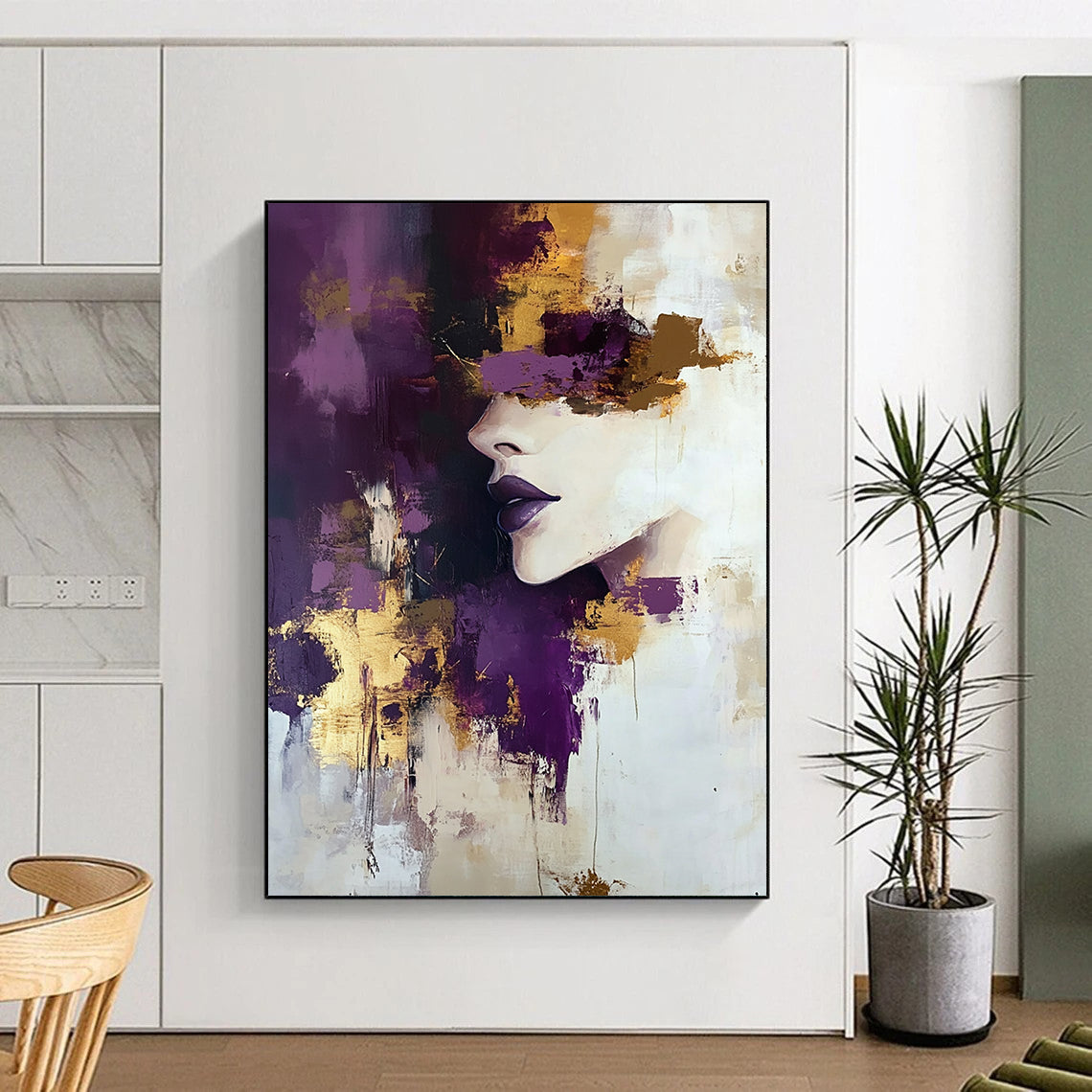 Contemporary hand-painted abstract art featuring a woman with purple and gold accents soft tones and thick brush strokes in a beige and white palette. DLZ0974